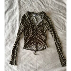 Justify Womens Small Checkered Ruched Long Sleeve Crop Top V-Neck